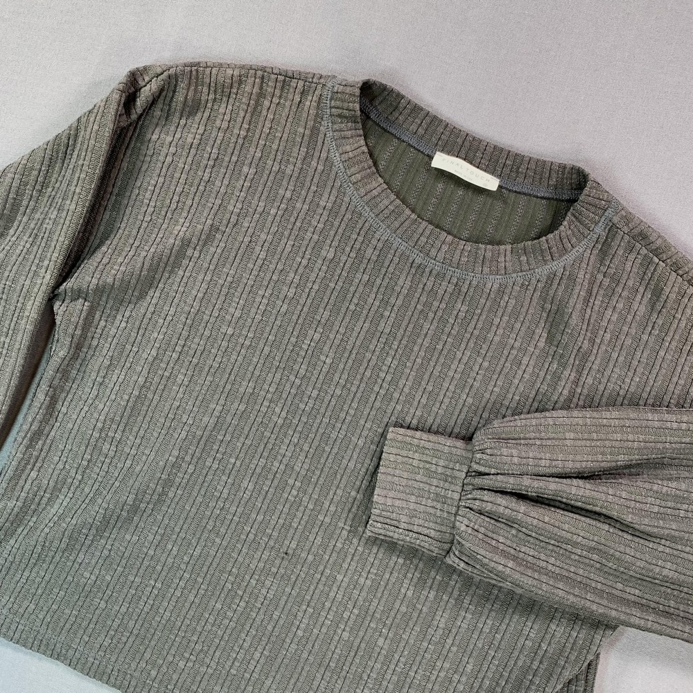 Final Touch Sweater Womens Small Gray Rib Knit Tie Front Balloon Sleeve Pullover
